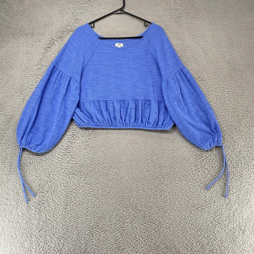 Aerie Crop Sweater Womens Small Blue Balloon Sleeve Ruffle Hem Pullover Knit Top